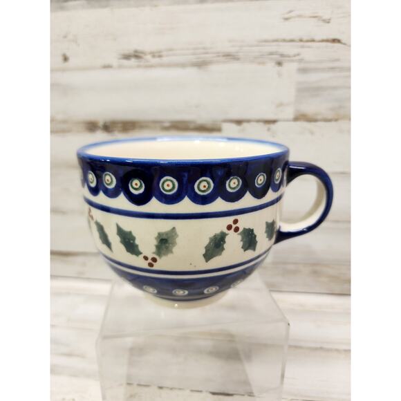BOLESLAWIEC POLISH POTTERY HOLLY BERRY Large Latte Soup Mug - Picture 1 of 9
